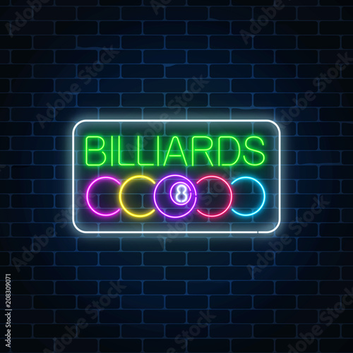 Glowing neon signboard of bar with billiards on brick wall background. Billiard balls with text in rectangle frame.