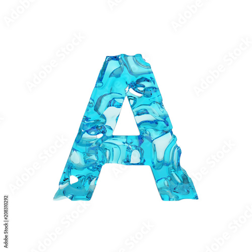 Alphabet letter A uppercase. Liquid font made of fresh blue water. 3D render isolated on white background.