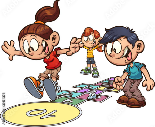 Cartoon kids playing hopscotch. Vector clip art illustration with simple gradients. Some elements on separate layers. 