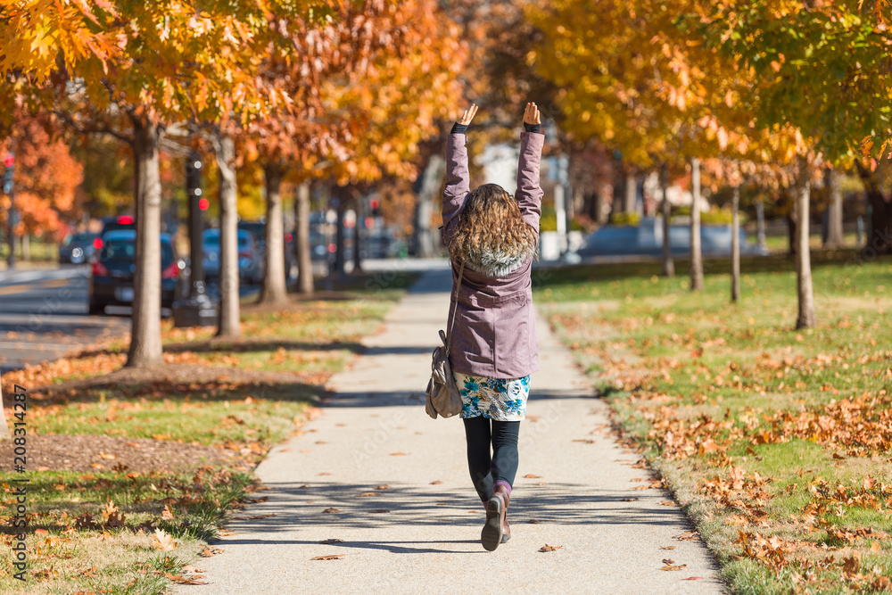 Young happy one woman, arms raised on sidewalk street walking in Washington DC, USA in alley of golden orange yellow foliage autumn fall trees Young happy one woman, arms raised on sidewalk street walking in Washington DC, USA in alley of golden orange yellow foliage autumn fall trees