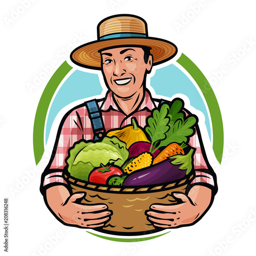 Happy farmer holding a basket full of fresh vegetables. Farm, agriculture, horticulture concept. Cartoon vector illustration