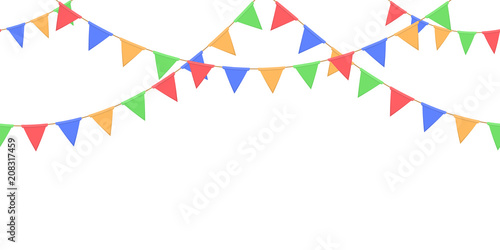 Seamless garland with celebration flags chain, yellow, blue, red, green pennons on white background, footer and banner for decoration