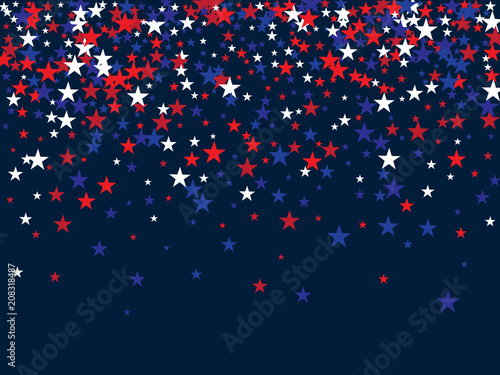 Patriotic 4th of July, Independence Day of America Stars Confetti. Flying Stars Texture, US Blue, Red, White Confetti Banner. USA Independence Day, 4th of July, National Symbols Banner Background.