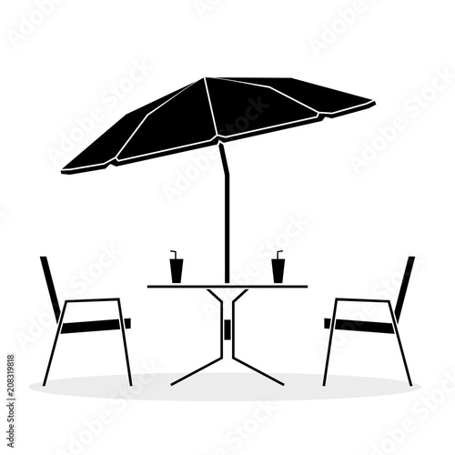 Black and white drawing, cafe table and two chairs under beach umbrella on white background vector illustration