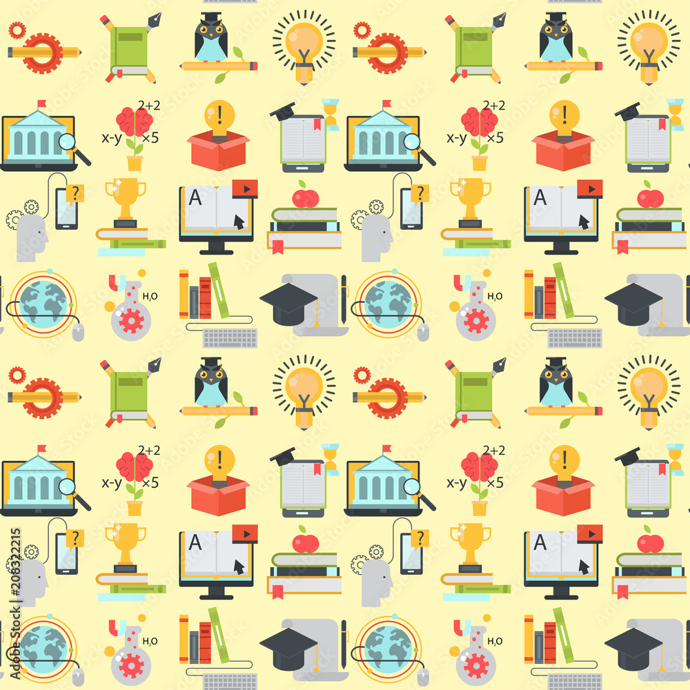 Distant learning seamless pattern background online education video tutorials staff training store learning research knowledge vector illustration. Distant learning seamless pattern background online education video tutorials staff training store learning research knowledge vector illustration.