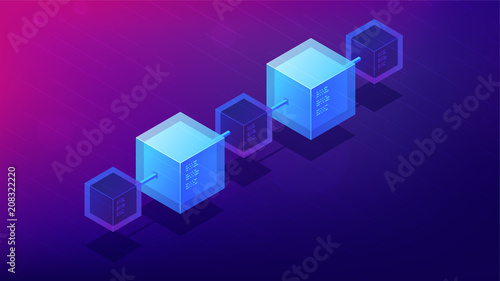 Isometric blockchain network architecture concept. Computer network, global decentralized system of data transfer illustration on ultra violet background. Vector 3d isometric illustration.
