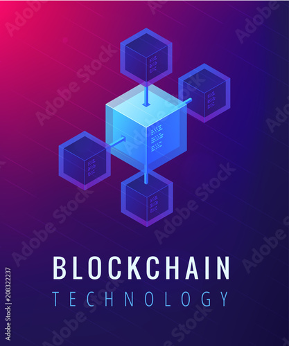 Isometric blockchain technology concept. Computer network, global cryptocurrency mining and blockchain data transfer illustration on ultraviolet background. Vector 3d isometric illustration.