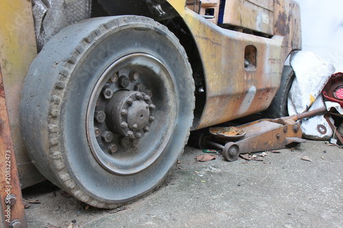 Old useless of tires of old forklift truck