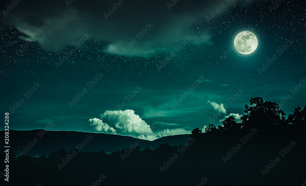 Landscape of emeral night sky with many stars and beautiful full moon. Landscape of emeral night sky with many stars and beautiful full moon.