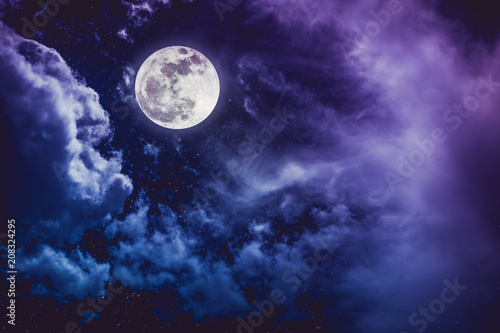 Night sky with bright full moon and cloudy, serenity nature background.