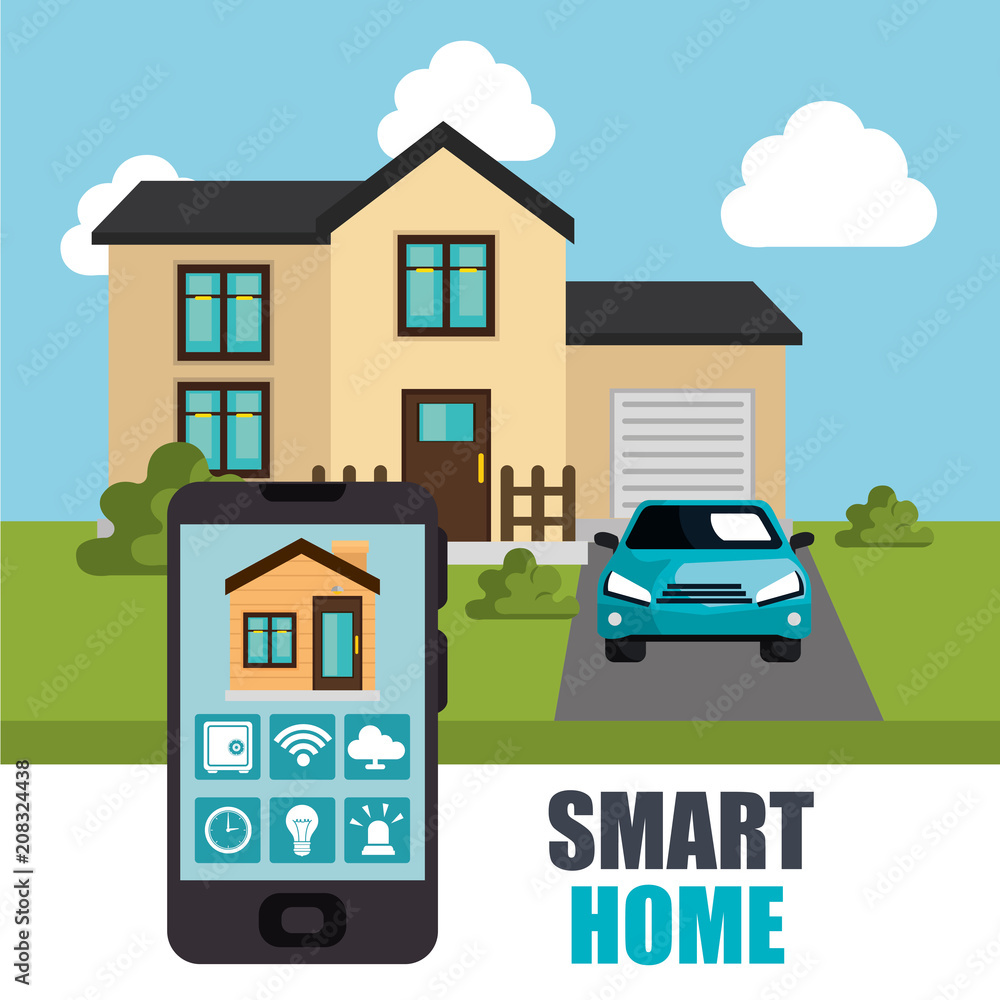 smartphone controlling smart home vector illustration design