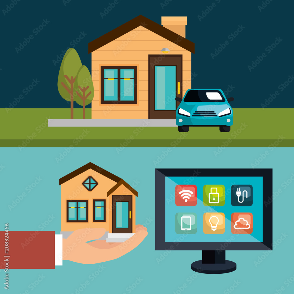 desktop computer controlling smart home vector illustration design desktop computer controlling smart home vector illustration design