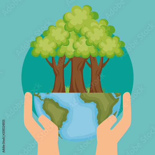 world planet with tree ecology icon vector illustration design