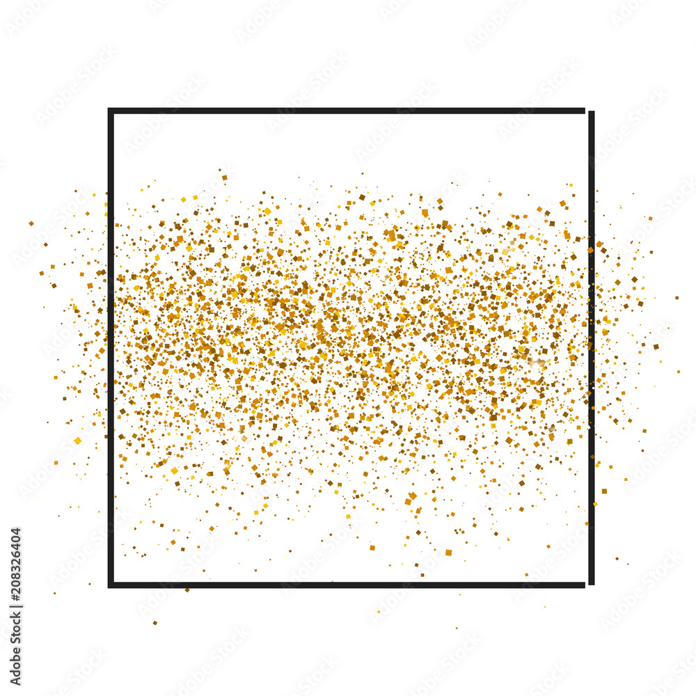 Gold sparkles on white background in frame. Gold glitter background. Golden  backdrop for vip and wedding cards. Stock Vector | Adobe Stock
