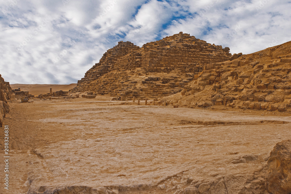The giza plateau in the sahara desert. great pyramids in Cairo