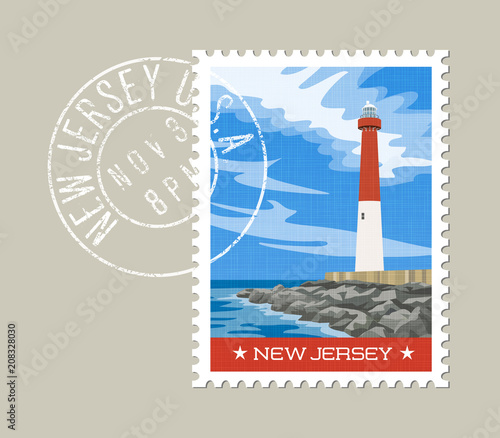 New Jersey  postage stamp design. Vector illustration of historic lighthouse on the Atlantic coast. Grunge postmark on separate layer.