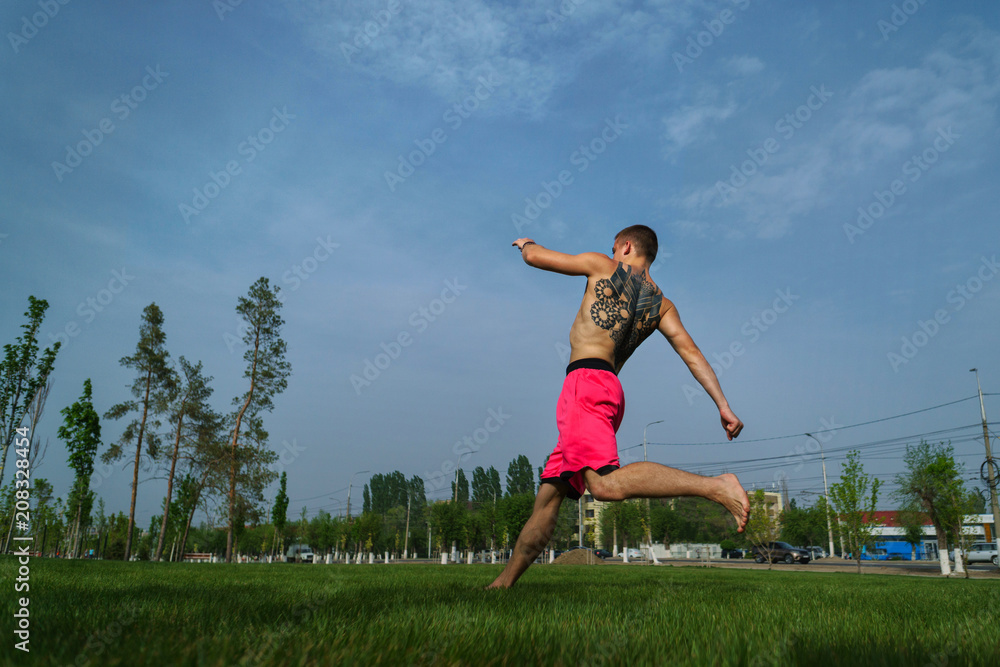 Tricking on lawn in park. Man is taking run for jump. Martial arts and parkour. Street workout. Tricking on lawn in park. Man is taking run for jump. Martial arts and parkour. Street workout.