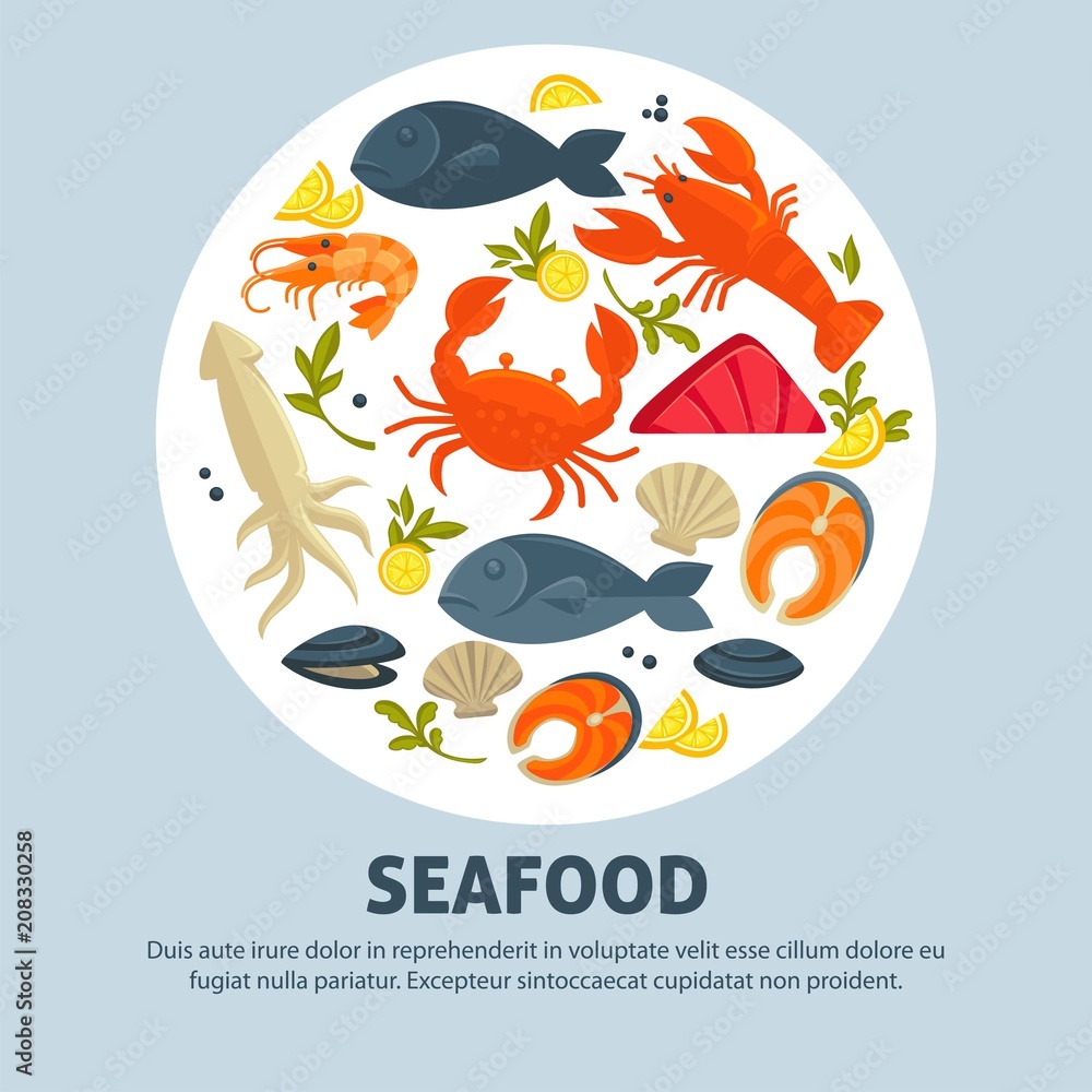 Seafood promo banner with delicious exquisite food set Seafood promo banner with delicious exquisite food set