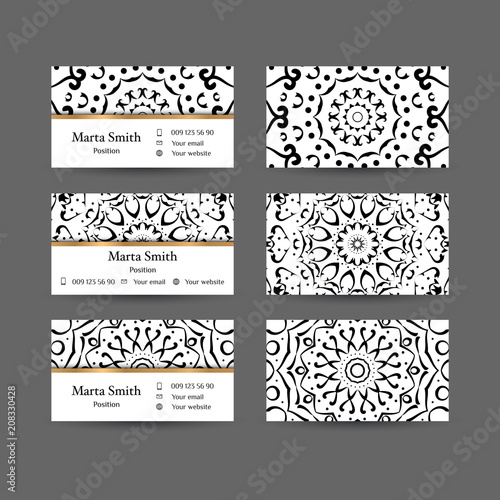 Business cards set  mandala design  black and white  Indian and Arabic motifs.