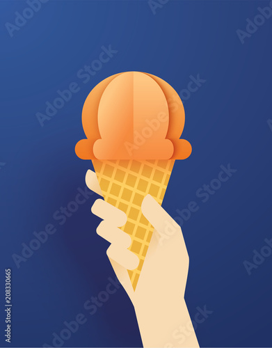 Hands holding ice cream cone on a blue summer background. Paper art and craft style.