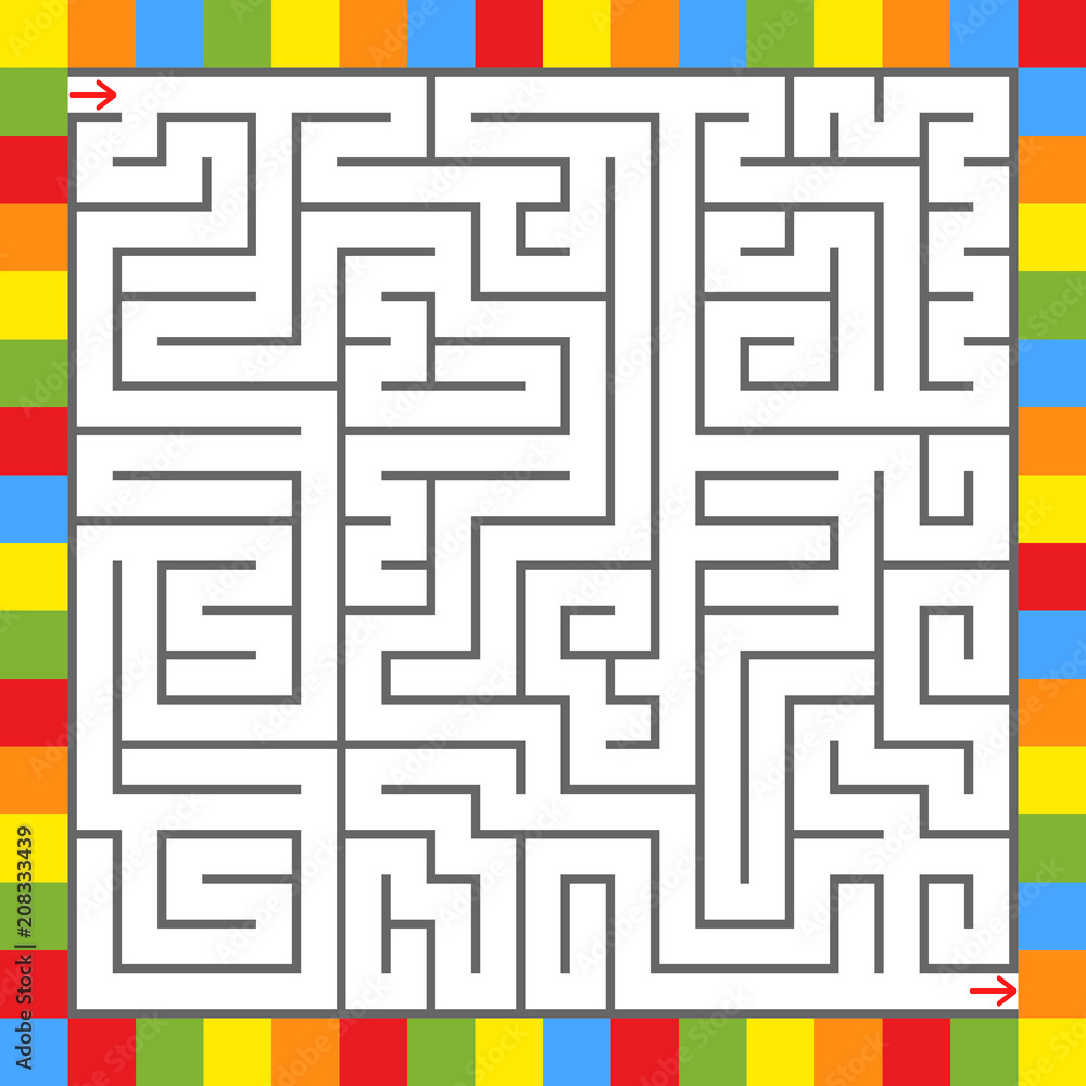 Abstract square maze in a frame of bright squares. An interesting game for children and teenagers. Simple flat vector illustration isolated on white background.