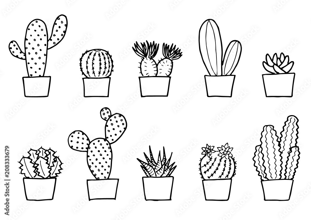 サボテンのイラストセット モノクロ Stock Vector Adobe Stock