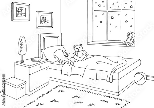 Children room graphic black white interior sleeping girl sketch illustration vector