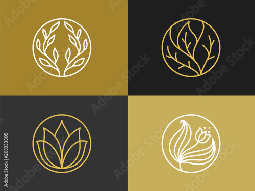 Natural cosmetics  logo. Brand identity  with line style and luxury symbol. Vector illustration.