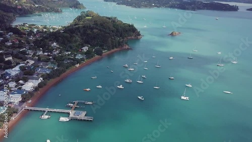 Aerial, Russell New Zealand in the bay of islands, beautiful beach getaway location and popular boating spot. photo