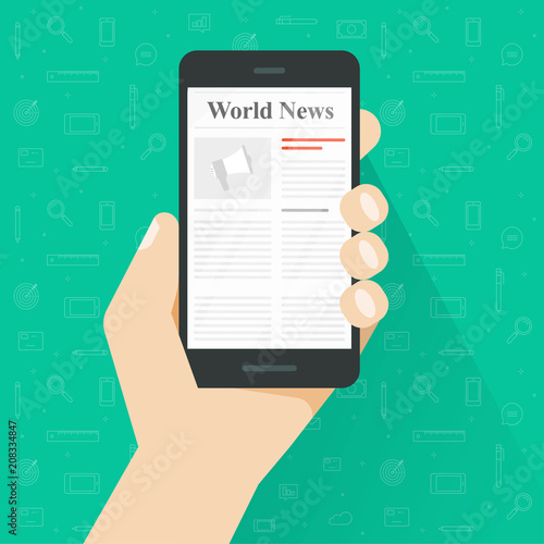 Newspaper reading on smartphone vector illustration, flat cartoon person hand read world news magazine on mobile phone or cellphone