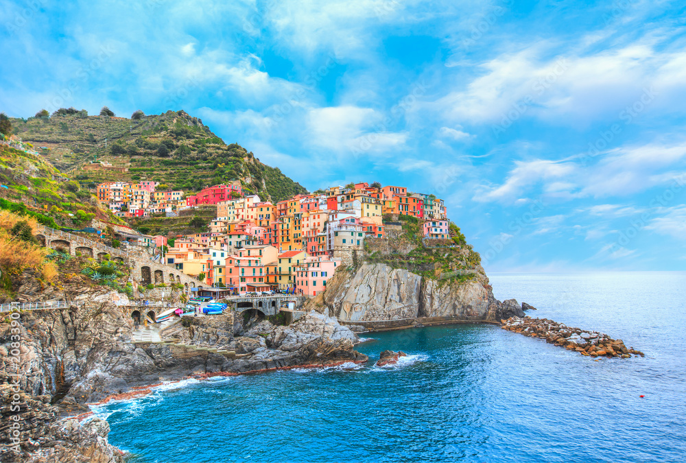 Beautiful colorful cityscape on the mountains over Mediterranean sea, Europe, Cinque Terre