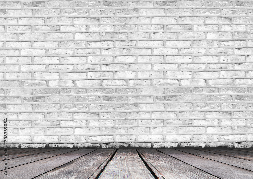 brick wall texture with wooden floor perspective for grunge empty room background concept.