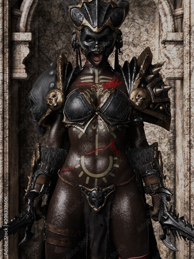 3D illustration fantasy black female soldier