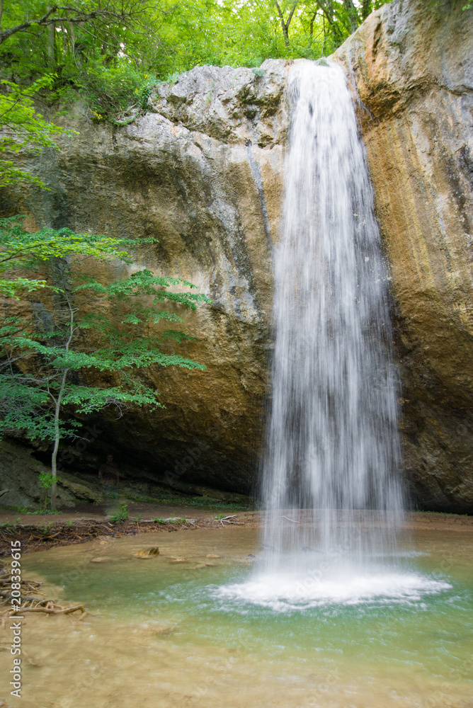 Obraz premium Mountain waterfall vertical in the spring forest