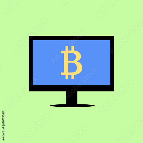 Computer desktop with bitcoin sign, flat style