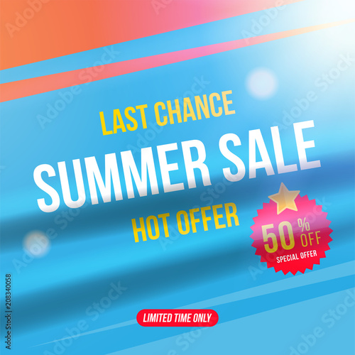 Summer sale 50% off discount. Square Banner template for design advertising and poster with light effects. Flat vector illustration EPS 10