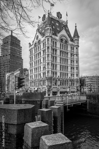 side view of the Witte Huis, Rotterdam, Netherlands in black and white