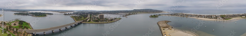 Mission Beach panoramic aerial view on a cloudy day, San Diego - California