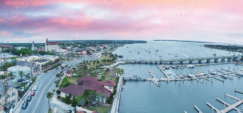 Aerial view of St Augustine from drone. Sunset panorama from city river  Florida - USA