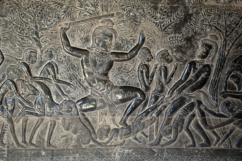 Angkor Cambodia, 12th century Angkor Wat temple bas relief - Yama Judgement, depiction of  hell photo