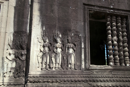 Angkor Cambodia, Window Colonettes and bas reliefs at 12th century Ankgor Wat temple