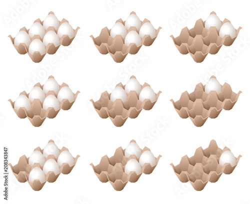 Flat illustration of half a dozen eggs carton boxes. Full, half-empty, empty cardboard containers with raw farm hen eggs. Food ingredients, breakfast foodstuff vector isometric design element set.
