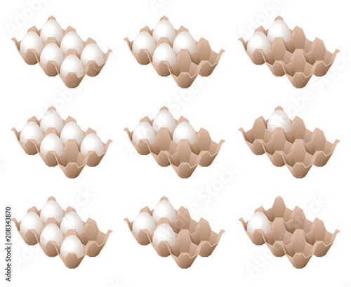 Flat isometric illustration of half a dozen eggs cardboard boxes. Full, half-empty, empty carton containers with raw farm eggs. Food ingredients, breakfast foodstuff vector 3d design element set.