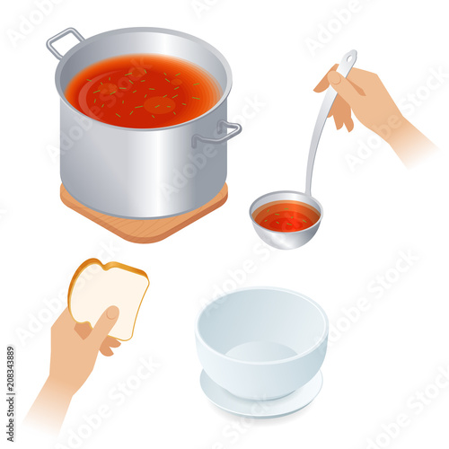 Flat isometric illustration of saucepan with tomato soup, hands with piece of bread and ladle, empty bowl. Steel pan with vegetable broth, kitchen utensils. Cooking and eating food vector concept.