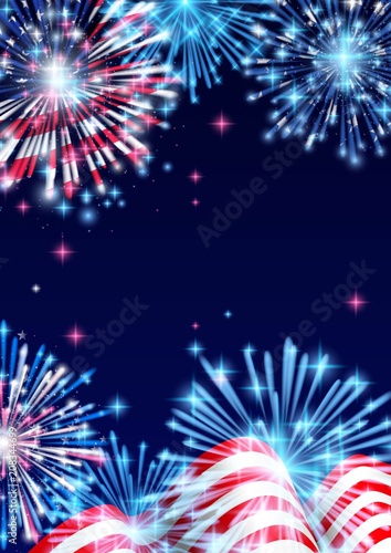 4th of July, American Independence Day celebration Flyer, Banner, Template or Invitation design with National Flag and Sparkling Fireworks.