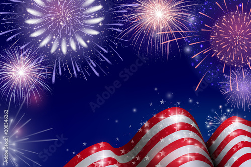 4th of July, American Independence Day celebration background with fire fireworks. Congratulations on Fourth of July.