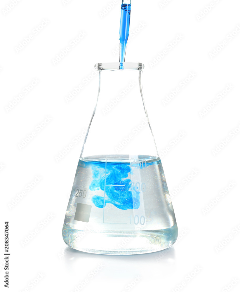 Dripping blue liquid into laboratory glassware on white background Dripping blue liquid into laboratory glassware on white background