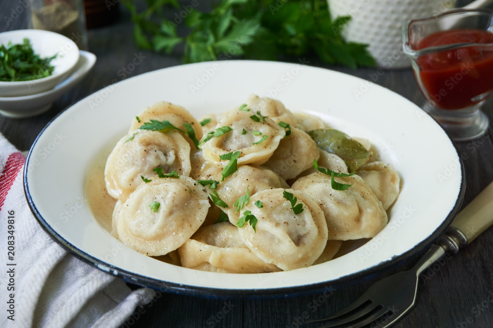 Homemade dumplings stuffed with ground beef in a bowl Homemade dumplings stuffed with ground beef in a bowl