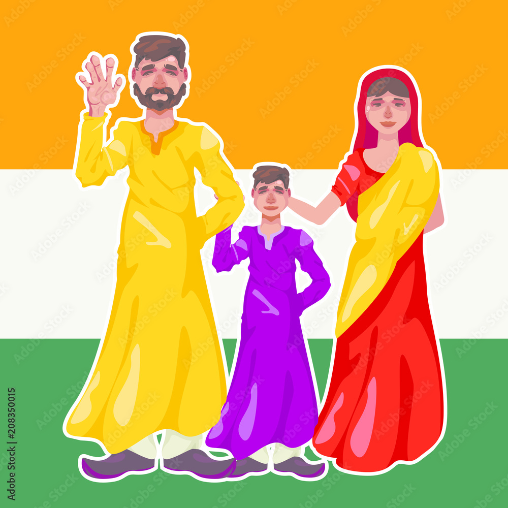 Father mother and son of Indians on the background of the flag of India