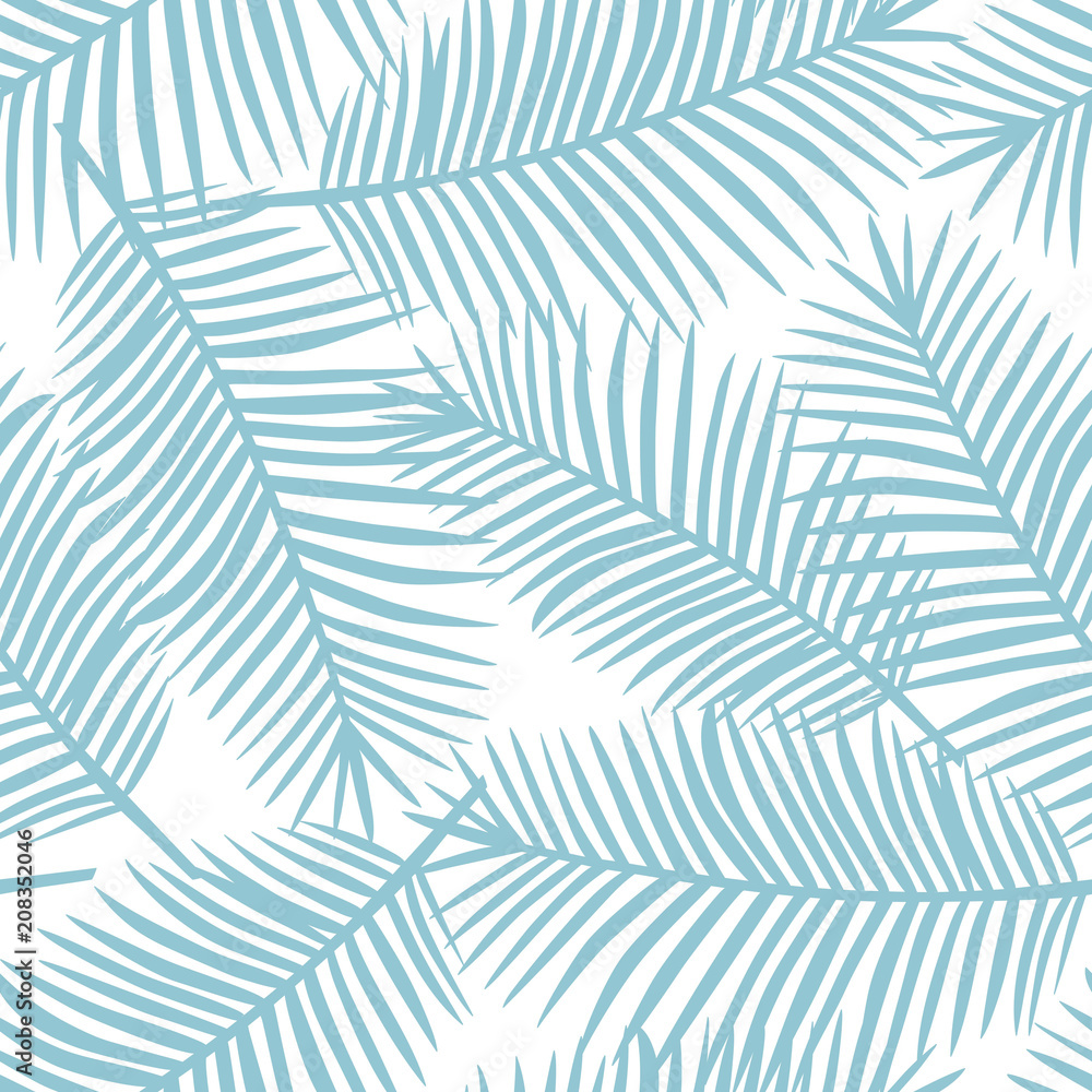 light blue palm leaves on a white background exotic tropical hawaii pastel seamless pattern vector